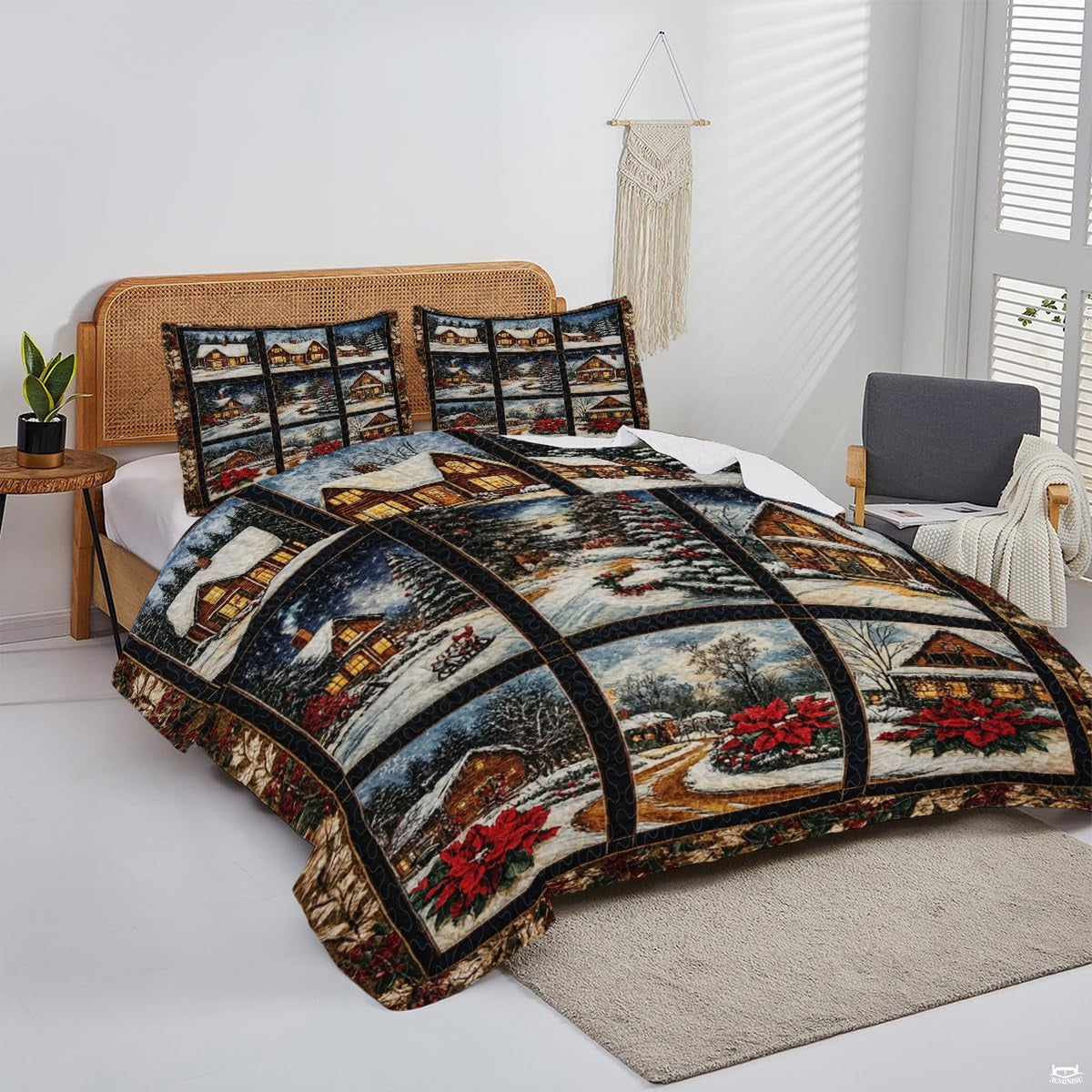 Overhead perspective of winter bedding arranged neatly across a festive holiday mattress