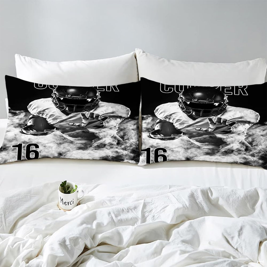 Matching pillowcase detail for athletic bedding set showcasing footballer artwork and jersey numbering