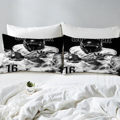Matching pillowcase detail for athletic bedding set showcasing footballer artwork and jersey numbering