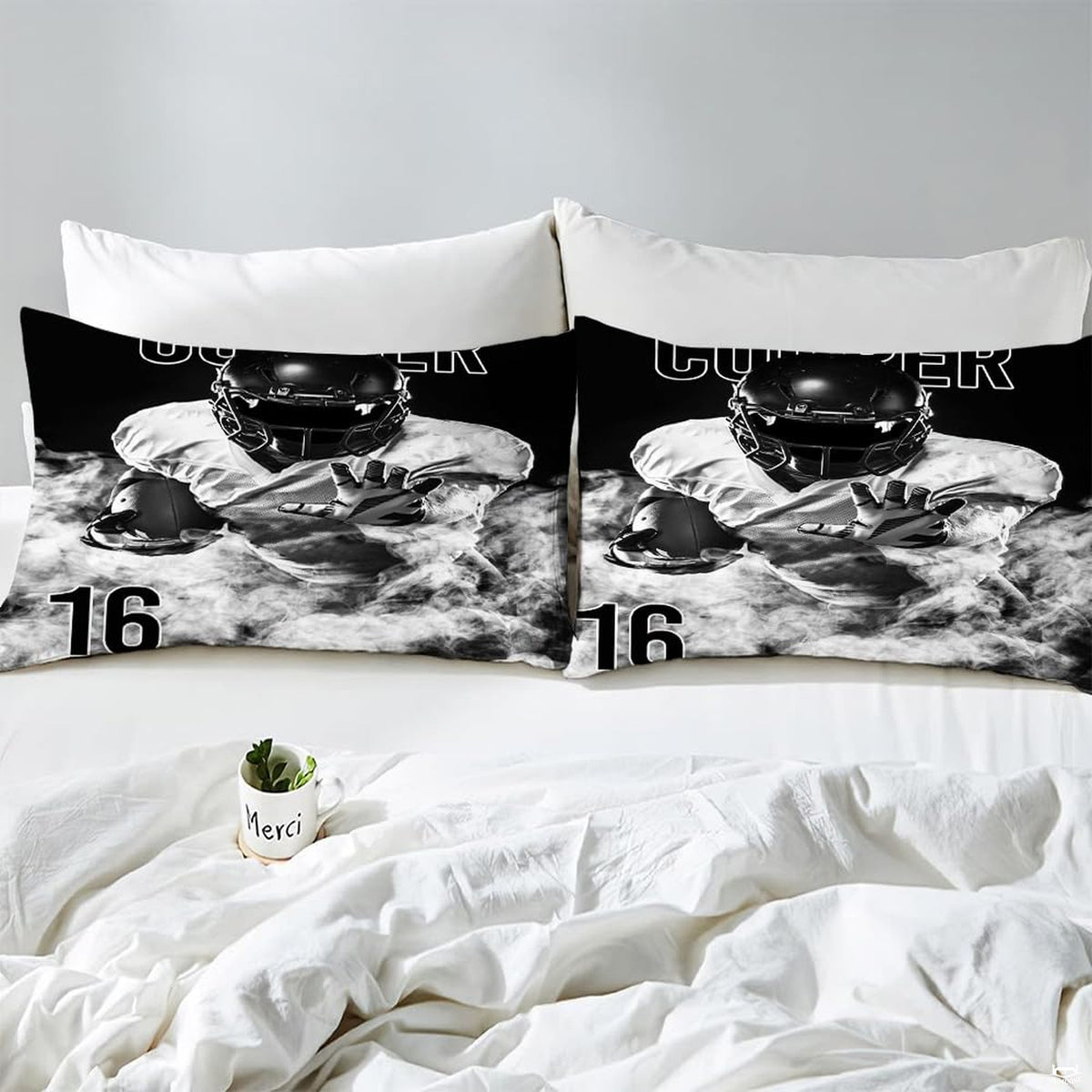 Matching pillowcase detail for athletic bedding set showcasing footballer artwork and jersey numbering