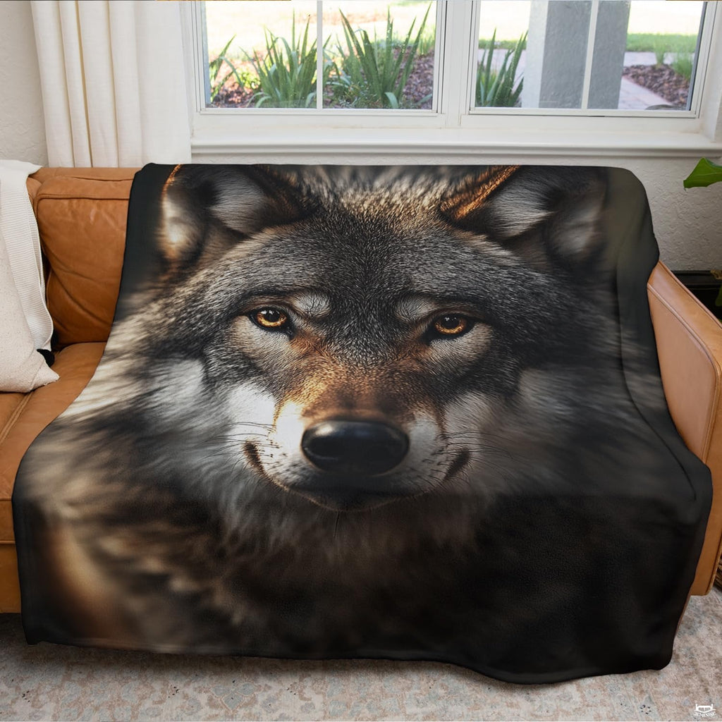 Close-up perspective of intense amber eyes and detailed fur on timber wolf throw blanket