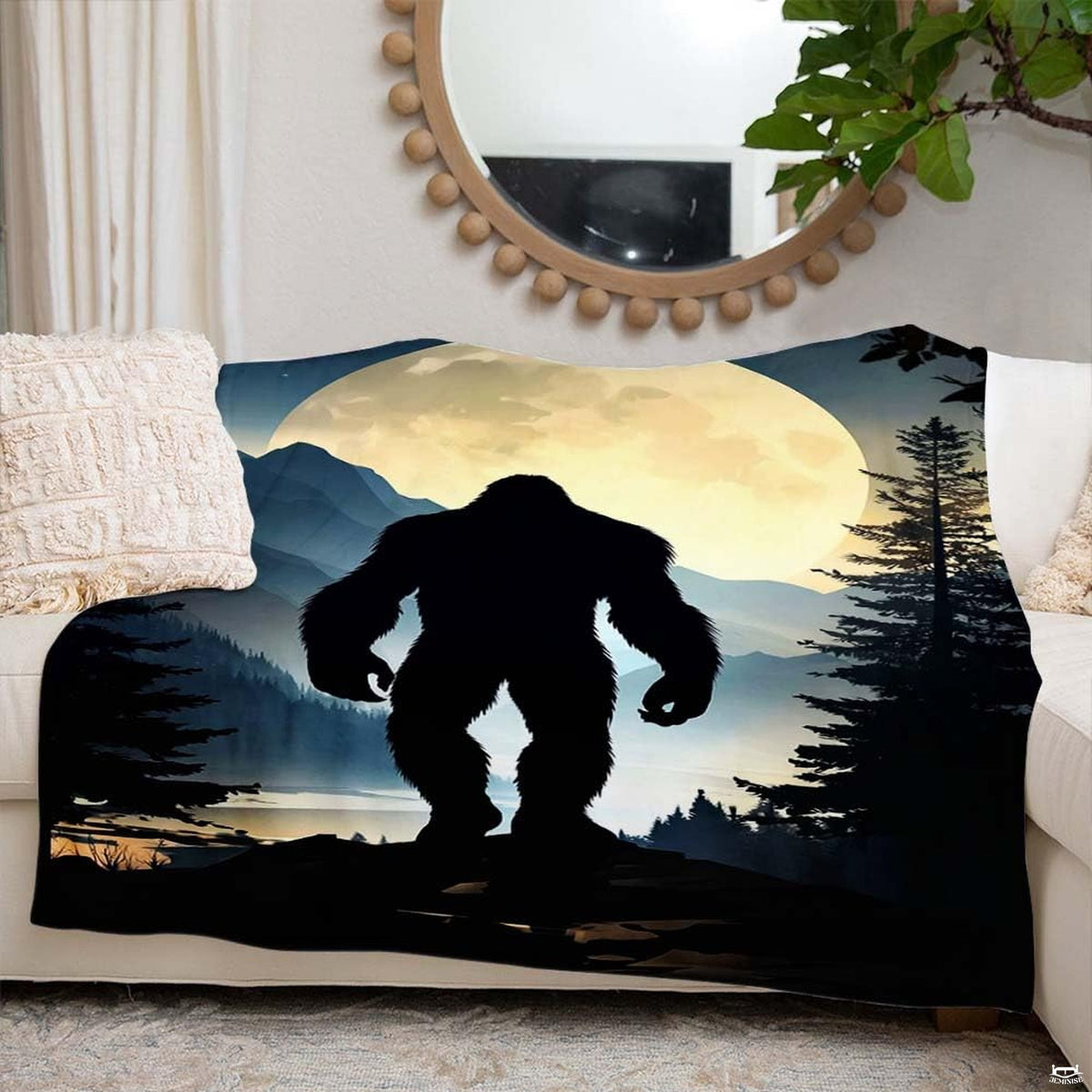 Dramatic midnight teal and indigo evening wilderness artwork on mountain cabin bedding.