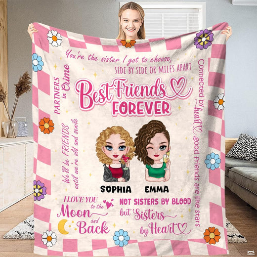 Best friends cartoon sisters throw blanket featuring illustrated friends toasting drinks on pink checker border