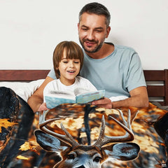 Woodland buck art display showing detailed antlers and rust orange leaves on bedding set decor.