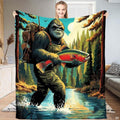 Bigfoot Sasquatch in fishing waders holding a rainbow trout in a mountain river, view 1.