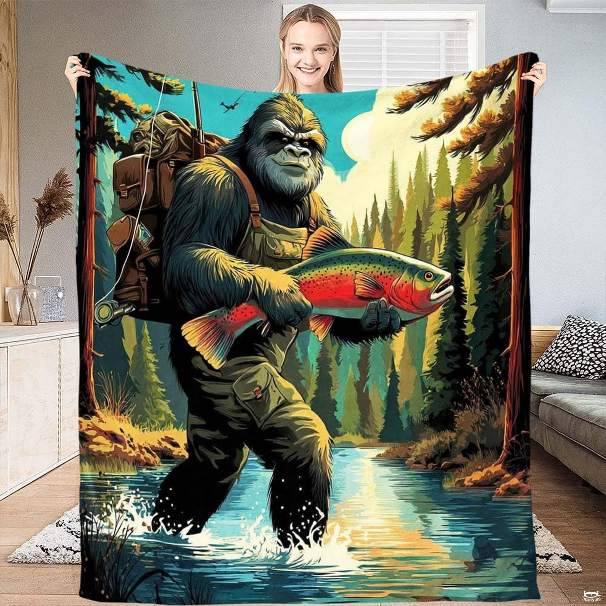 Bigfoot Sasquatch in fishing waders holding a rainbow trout in a mountain river, view 1.