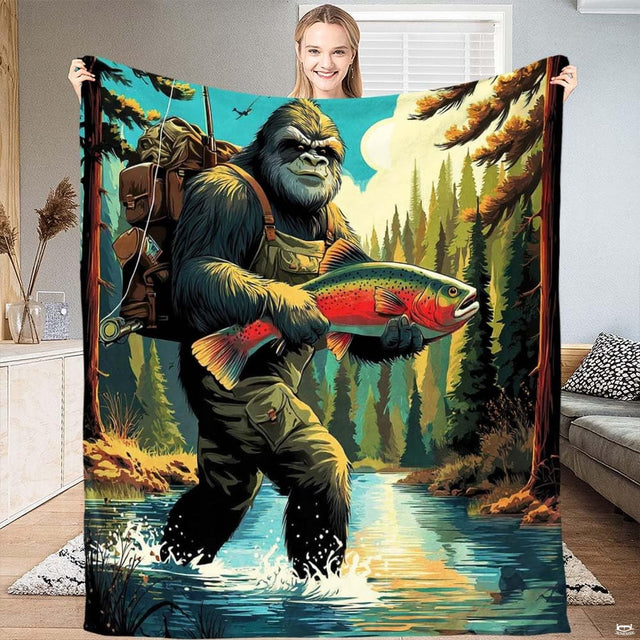Bigfoot Sasquatch in fishing waders holding a rainbow trout in a mountain river, view 1.