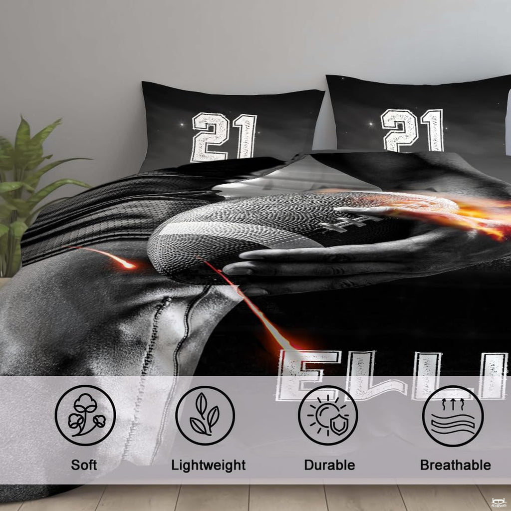 Side angle view of sports themed bedding showcasing arena floodlights and dynamic football graphics
