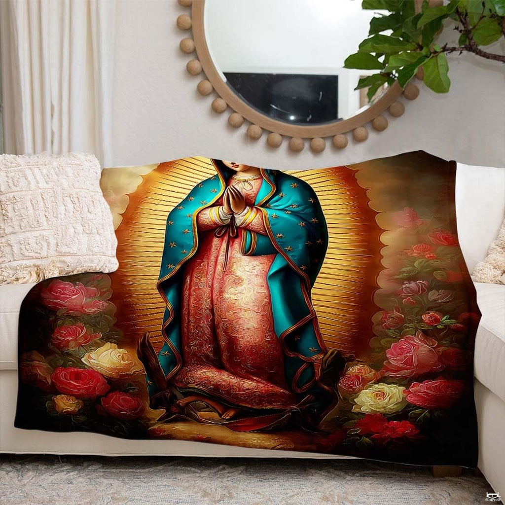 Interior setting showing religious art piece arranged across a white sofa beneath a circular mirror.