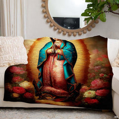 Interior setting showing religious art piece arranged across a white sofa beneath a circular mirror.