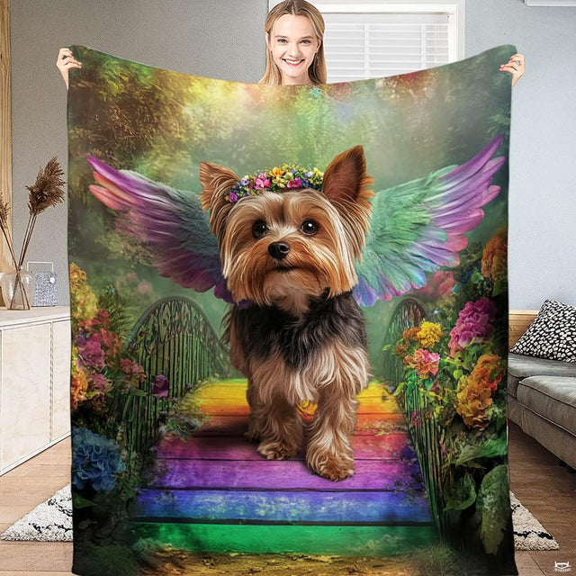 Angelic Yorkshire Terrier with pastel wings and floral crown on a rainbow bridge bedding set.