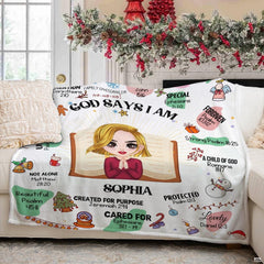 God says I am Christmas scripture faith holiday blanket showing praying girl and snowmen view 4