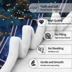 Full overhead layout of celestial Tree of Life throw blanket showcasing glowing panels and borders