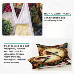 Close view of green hummingbird artwork and coordinating botanical pillows