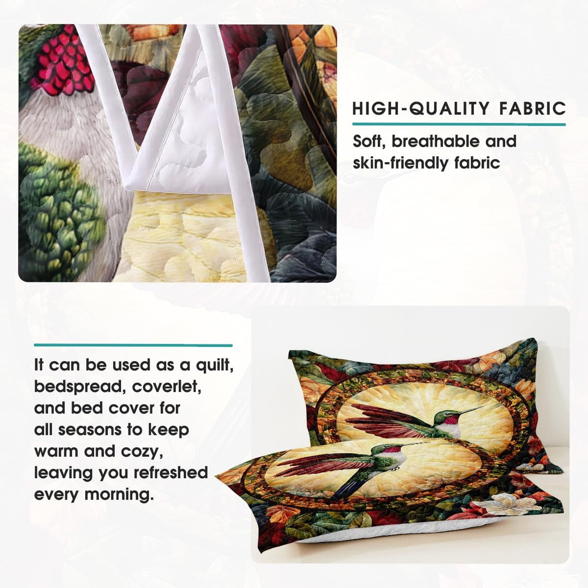 Close view of green hummingbird artwork and coordinating botanical pillows