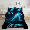 Cyan particle hockey bedding featuring a glowing skater silhouette with ice spray effects on dark navy backdrop