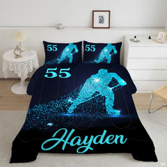 Cyan particle hockey bedding featuring a glowing skater silhouette with ice spray effects on dark navy backdrop