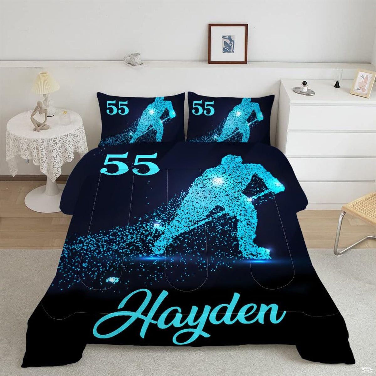 Cyan particle hockey bedding featuring a glowing skater silhouette with ice spray effects on dark navy backdrop