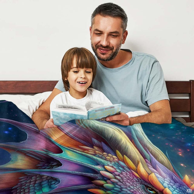 Fantasy dragon throw blanket view 2 highlighting iridescent scales, horn details, and cosmic galaxy sky