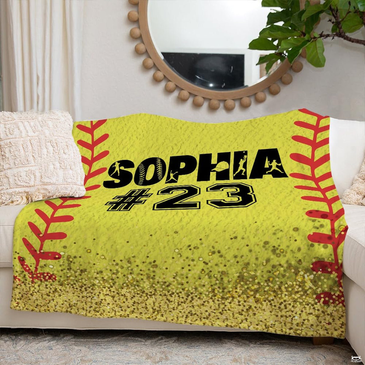 Angle showing varsity typography and curved seam details across an eye-catching yellow bedding set single motif.