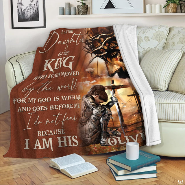 Daughter of the king Christian warrior maiden faith blanket showing kneeling knight and crosses view 2