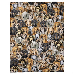 All-over Saluki hound portrait pattern with feathered ears in warm tan and fawn tones.