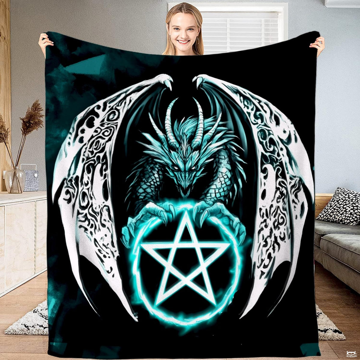 Gothic dragon throw blanket featuring an ice dragon with ornate filigree wings grasping a glowing cyan pentagram