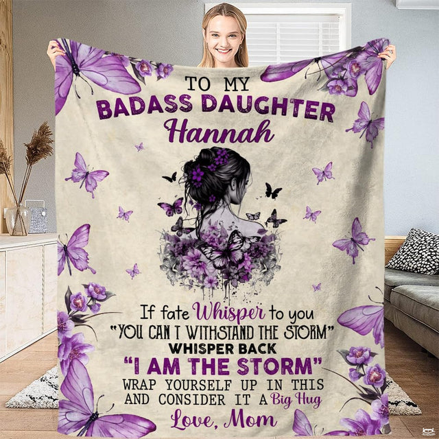 Inspirational daughter throw blanket featuring violet butterflies, floral hair artwork, and motivational quote