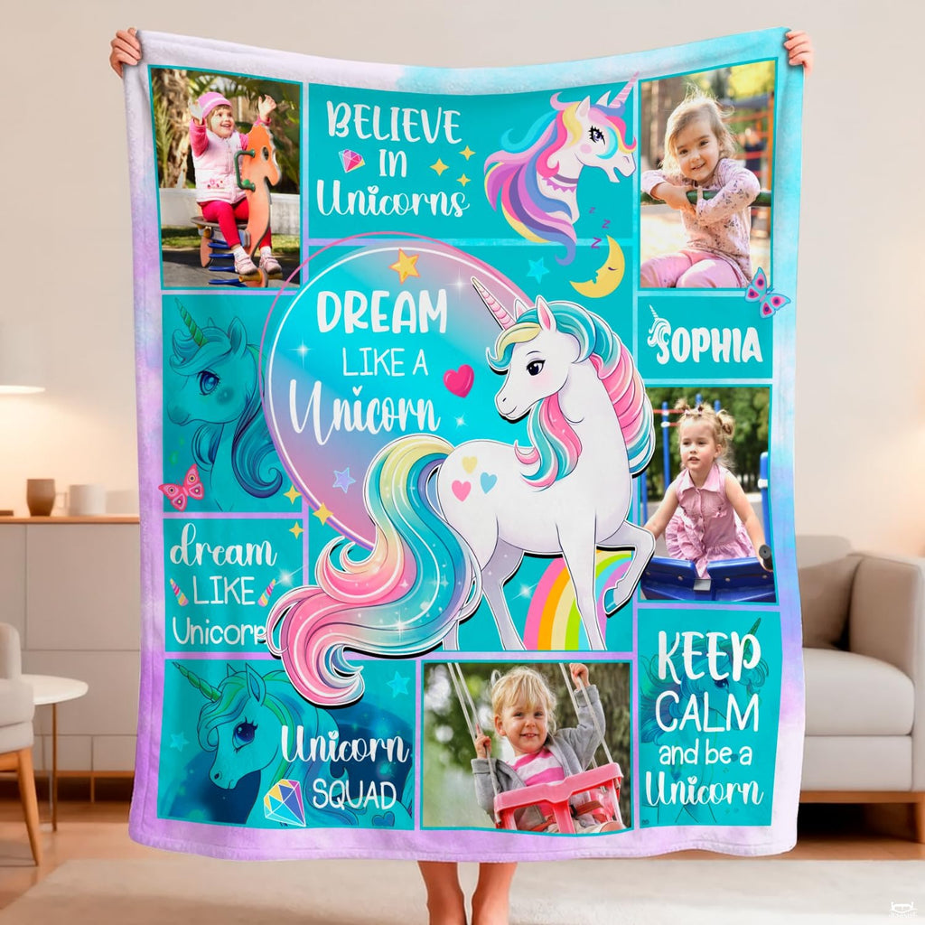 Whimsical throw blanket displaying illustrated white unicorn with pastel rainbow hair and colorful panels.