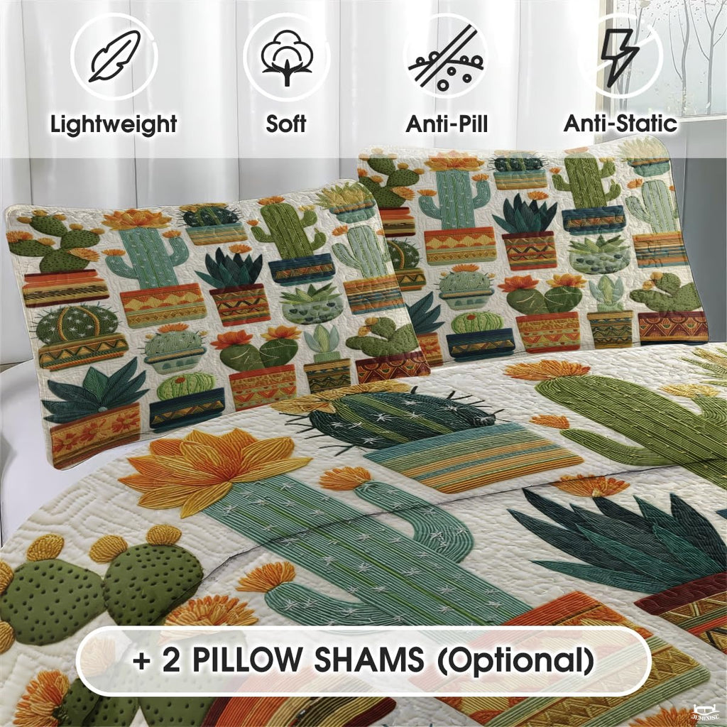 Personalized Vibrant Potted Cactus Quilt Set, Machine Washa - Design 3