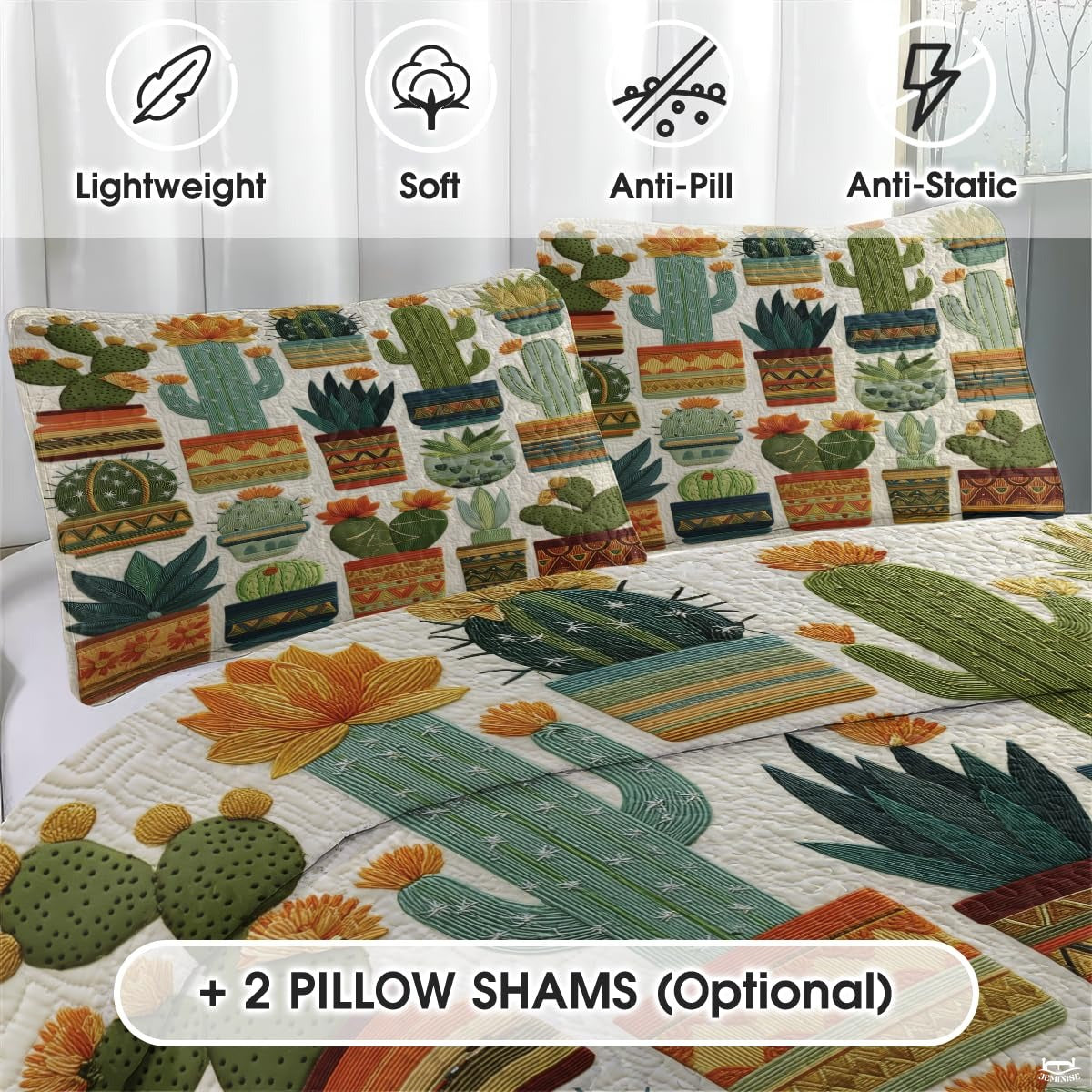 Personalized Vibrant Potted Cactus Quilt Set, Machine Washa - Design 3