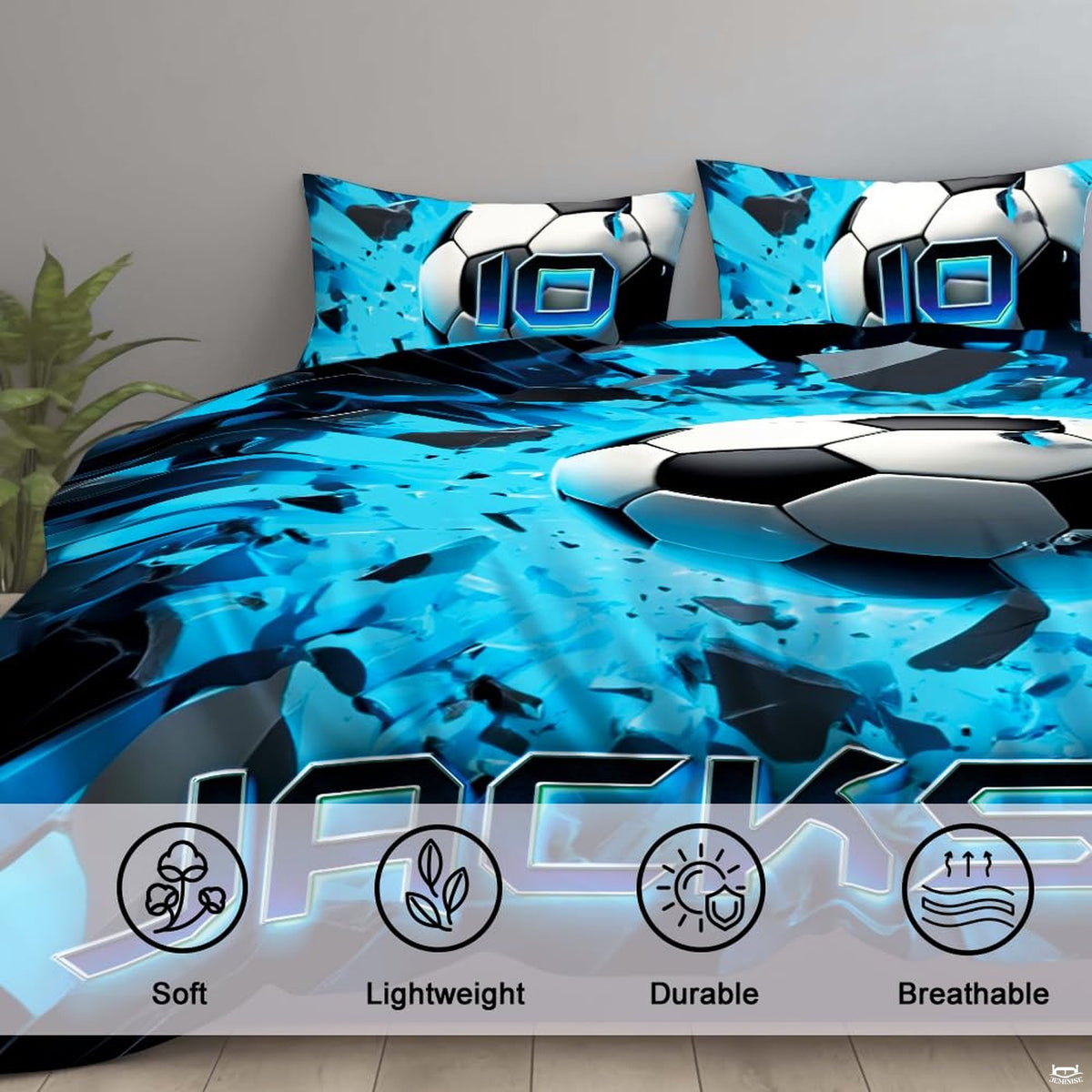 Folded presentation of soccer ball bedding displaying sharp graphic clarity in cyan and navy tones