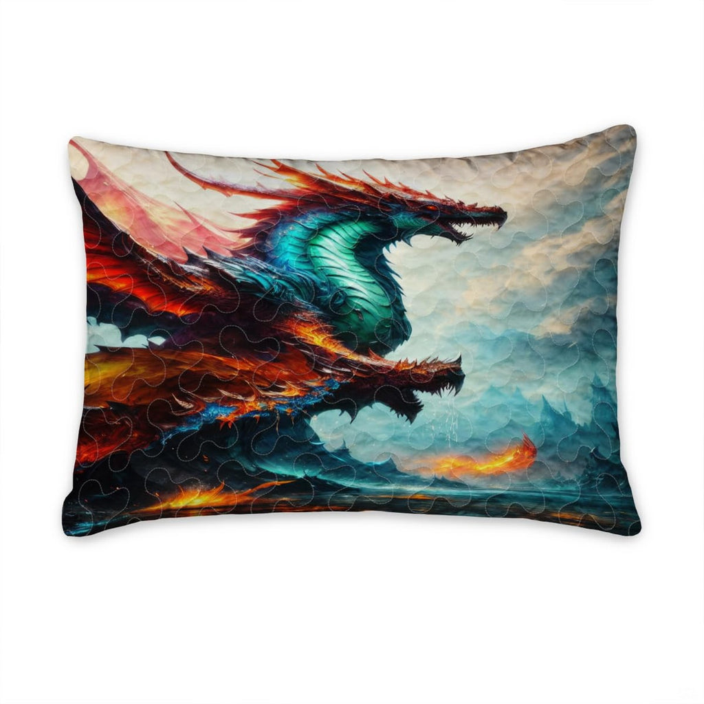 Sham featuring three winged dragons against clouds and distant blue mountains