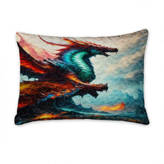 Sham featuring three winged dragons against clouds and distant blue mountains