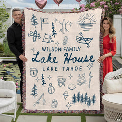Lake house design with navy camping doodles, canoe, campfire, and pine trees, view 9.