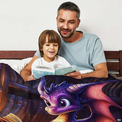 thematic accent amber lighting and vintage book stacks on cute fantasy dragon bedding set design.