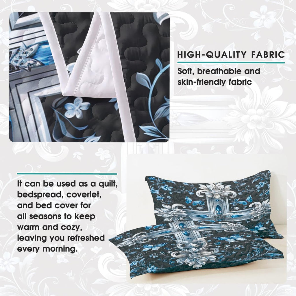 Artistic angle showcasing vivid blue morpho butterflies and acanthus leaf flourishes framing the silver cross motif.