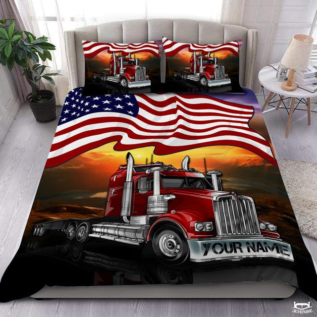 Custom Patriotic Trucking Semi Truck Below Waving American Flag Comforter
