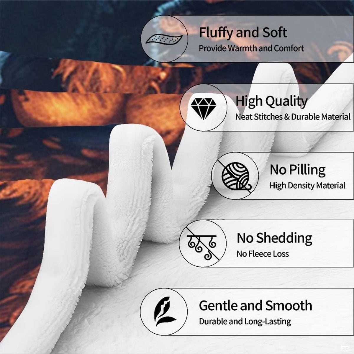 Angle view of Bigfoot throw blanket showing crisp edges and glowing campfire twilight backdrop