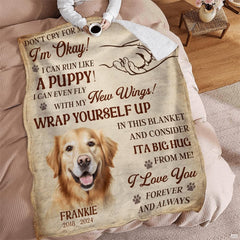 Dog memorial throw blanket spread neatly over a bedroom bed