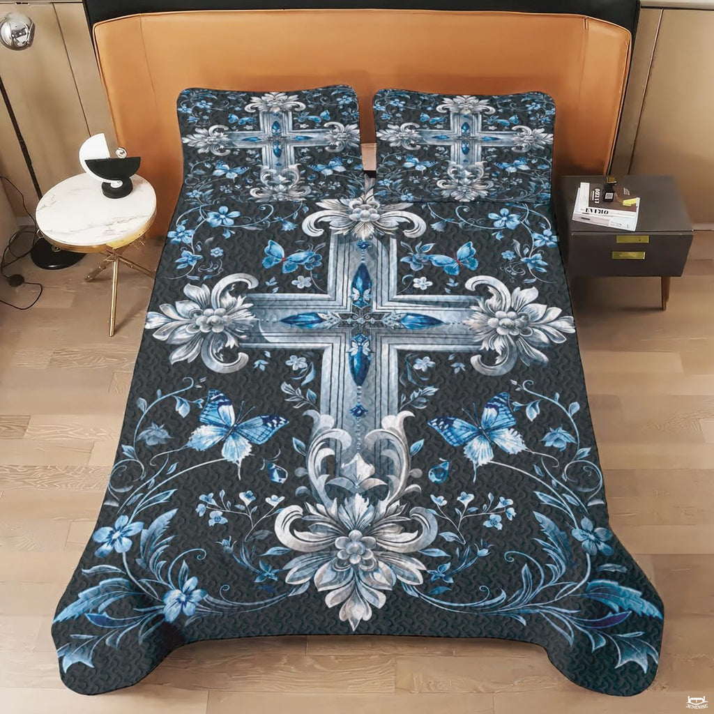 Atmospheric bedroom showcase highlighting the striking contrast between radiant blue cross artwork and deep dark tones.