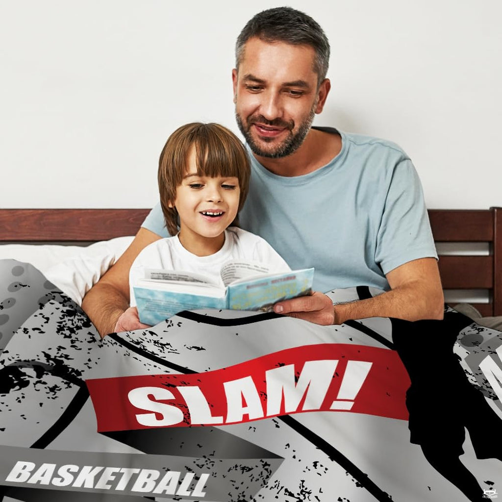 Urban dunk basketball throw blanket view 3 highlighting mid-air player silhouette and grunge graphics