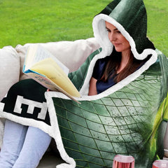Flat spread layout of rectangular neon green soccer goal blanket showing full graphic artwork