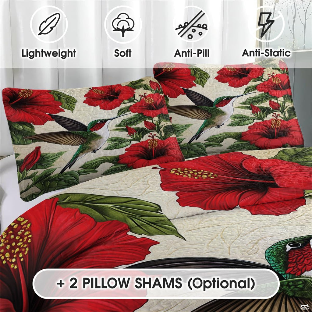 Matching pillow artwork with hummingbirds, hibiscus blooms, and green foliage