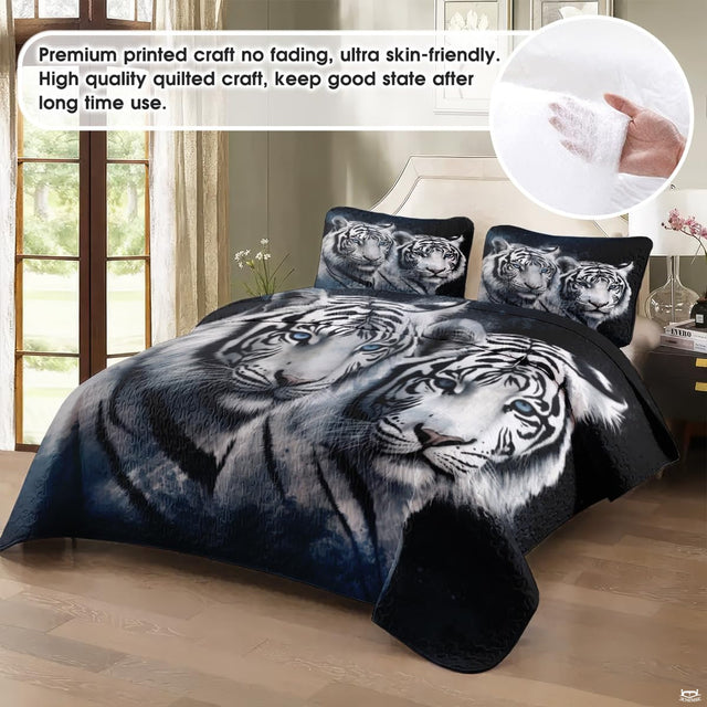 Pair of white tigers bedding arrangement styled in contemporary bedroom setting.