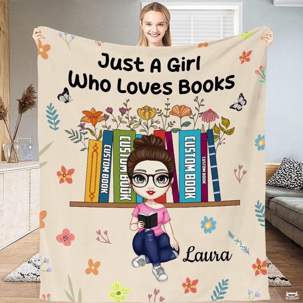 Personalized Girl in Glasses Reading Book Throw Blanket - Book Lover