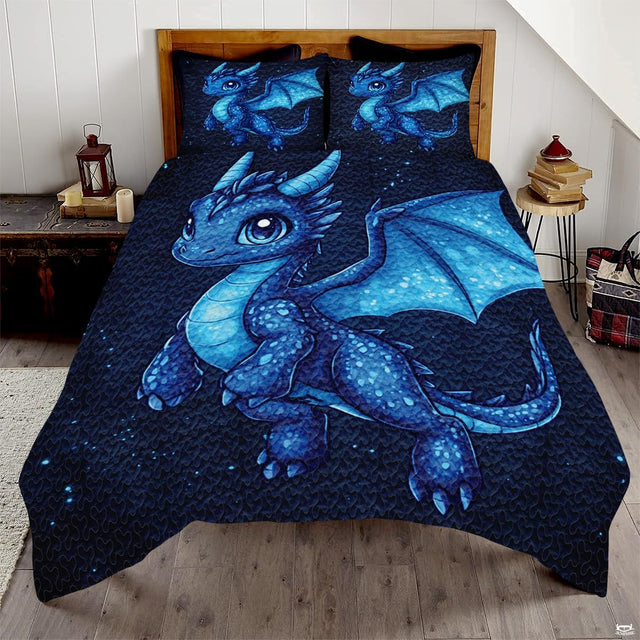 Fantasy blue dragon bedding display with adorable creature illustration on starry galaxy background.