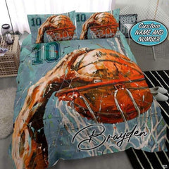 Close-up of expressive basketball net artwork with distressed slate blue and amber paint splatters.
