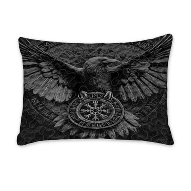 Angled bedroom view highlighting monochrome Norse mythology raven bedding with matching printed pillow shams.