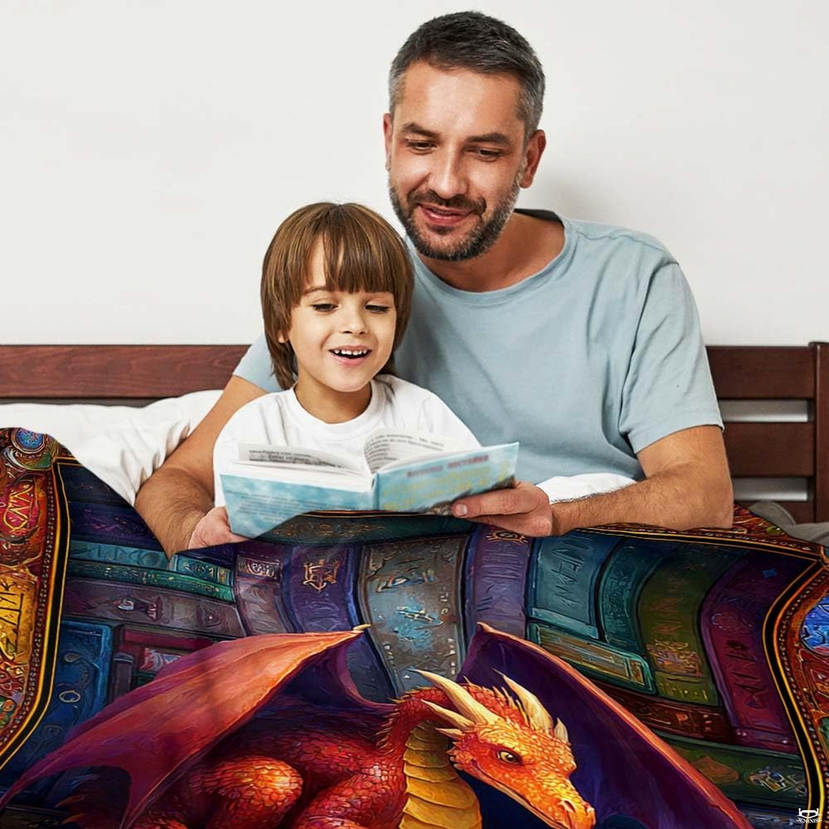 Fantasy dragon bookshelf throw blanket view 3 highlighting book stacks, dragon wings, and mosaic border
